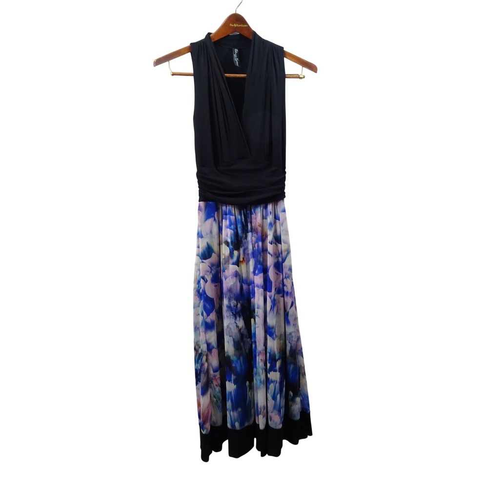 Elana Kattan Floral Maxi Dress Black Blue V-Neck Ruched Waist M USA